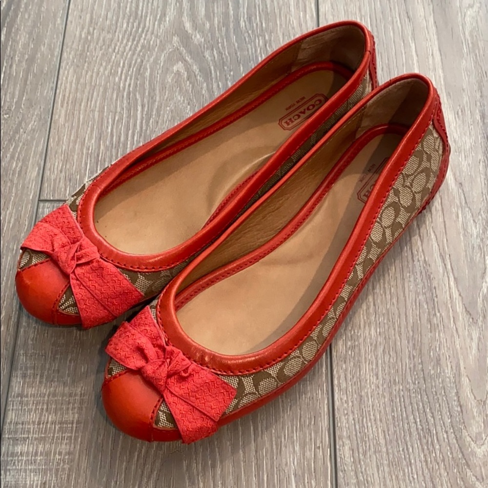 COACH Monogram Red Ribbon Ballet Flats